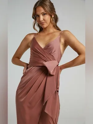 Showpo. How Will I Know Wrap Waist Tulip Hem Midi Dress Dusty Rose US 6 NWT thumbnail 2