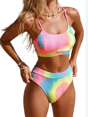 Cupshe Rainbow Tie-Dye Crop Bikini Set - Pink, Blue, Yellow, Green thumbnail 1