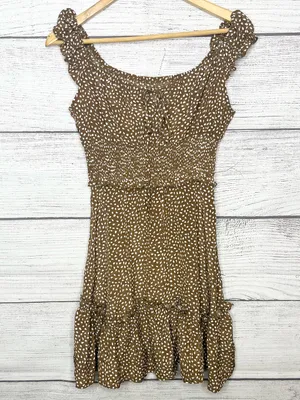 Brown & White Polka Dot Smocked Sleeveless Mini Dress with Ruffle Hem Size Small thumbnail 9