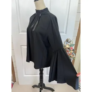 T Tahari Blouse Womens Size S Black Mock Neck Keyhole Large Bell Sleeve Chic thumbnail 2