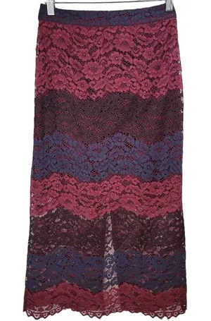 Bar III Women Burgundy Blue Lace Striped Maxi Skirt Size S‎ thumbnail 1