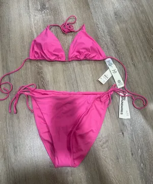 Hot Pink Triangle String Bikini - surf pink - cheeky high leg thumbnail 1