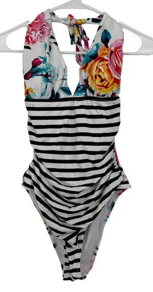 Cupshe One Piece Swimsuit Women Large Multicolor NWT‎ Floral Striped AB20312M thumbnail 1