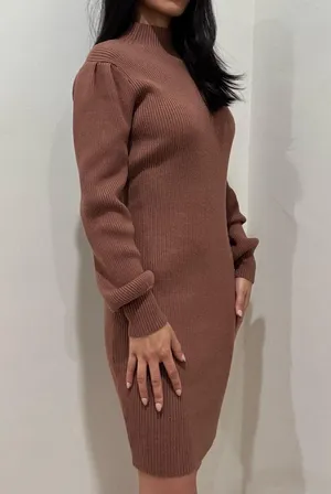 Knit Ribbed Sweater Dress in Cocoa Brown thumbnail 1
