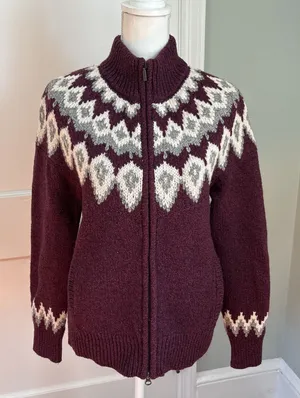 LL Bean Lambs Wool Knit Cardigan Sweater Zip Fair Isle Burgundy Small thumbnail 1