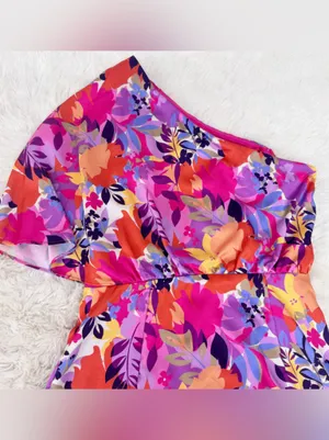 AIDAN‎ MATTOX One Shoulder Cocktail Dress Size 4 Pink Purple Floral Colorful thumbnail 8