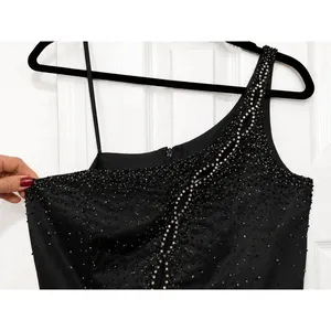 Jovani Asymmetric One Shoulder Black Satin Beaded Prom Evening Gown Slit thumbnail 3