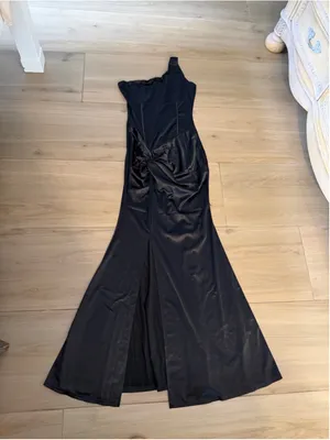 NEW Satin Formal Party Ruffle High Slit Evening Curvy Wrap Long Black Dress S thumbnail 4