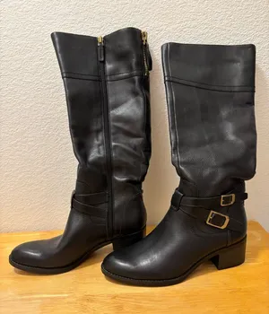 Franco Sarto 8 Tall Black Leather Zip Buckle Fashion Boots thumbnail 1