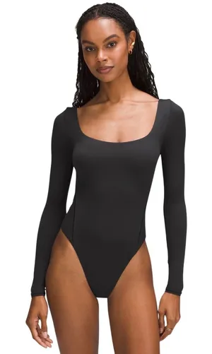 Lululemon Nulu Bodysuit Womens Medium Black Square Neck Long Sleeve LW3HQFS L thumbnail 1