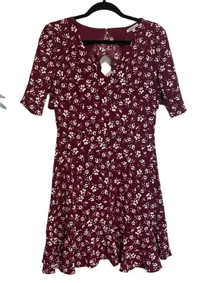 Charlotte Russe Maroon and White Floral Fit and Flare Ruffle Dress Size Medium thumbnail 1