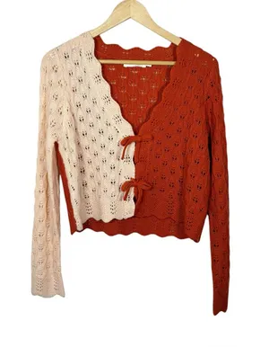 All In Favor Colorblock Pointelle Knit Tie Front Cardigan Cream Rust Medium thumbnail 1