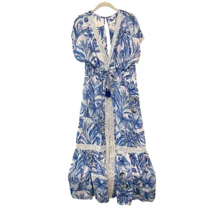 Blue Island Tropical Maxi Cover‎ Up Wmns M Blue White Coastal Crochet Lace Trim thumbnail 2