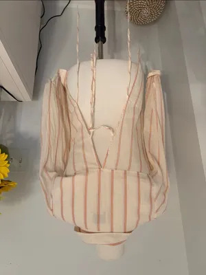 BDG Cream and Pink Striped Button-Down Shirt with Open Back thumbnail 2