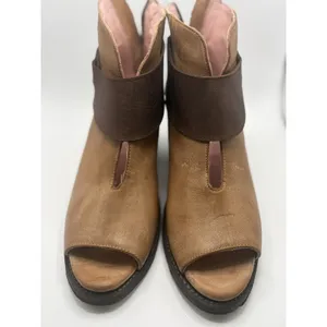 Miss Macie Tan Leather Open Toe Ankle Booties Brown Strap Block Heel 3" Boots 8M thumbnail 3