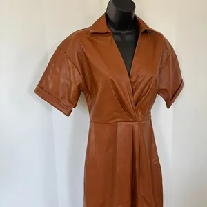 Zara Faux Leather Faux Wrap Dress Camel Sz‎ XS Chic Sophisticated Nouveau Riche thumbnail 3