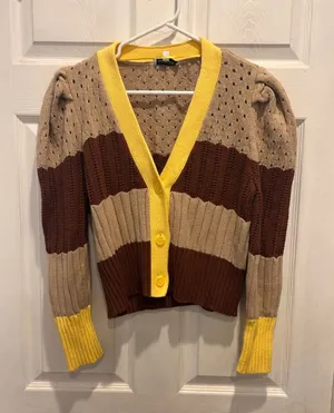 Anthro Calligraphie Womens Striped Puff Sleeve Cardigan Brown Yellow Pointelle L thumbnail 1