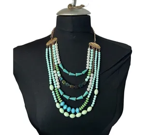 Turquose and faux pearl 5 layer statement necklace thumbnail 1