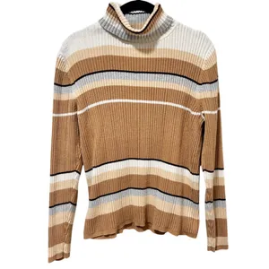 Liz Claiborne Vintage LizSport Ribbed Cotton Turtleneck Sweater L Neutral Stripe thumbnail 2