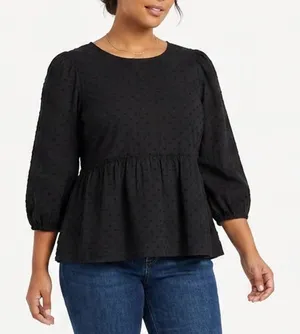 Time and Tru Womens Black Swiss Dot Peplum Top 3/4 Puff Sleeve Size M 8-10 NEW thumbnail 1
