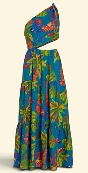 FARM RIO Blue Sunny Day One Shoulder Tropical Print Maxi Dress Sz:Medium thumbnail 1