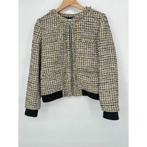 Ann Taylor Tweed‎ Jacket Bomber Zip Blazer Size 8 Fringe Career Yellow Metallic thumbnail 2