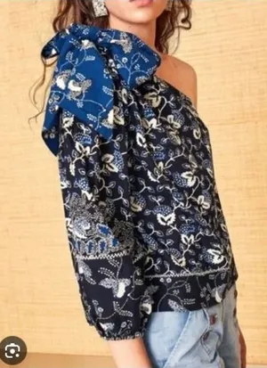 Ulla Johnson Asima Batik One Shoulder Top Blue Black Size 6 thumbnail 1