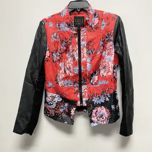 GILI Jacket Women‎ Sz 8 Red Black Floral Faux Leather Lined Full Zip Moto Rider thumbnail 1
