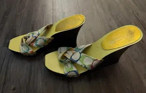 VTG Coach Y2K Wooden Wedge Sandals Sz 4 Hand Painted thumbnail 1
