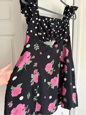 Free People Mixed Print Bom Bom Floral Cutout Mini Dress Black L thumbnail 11