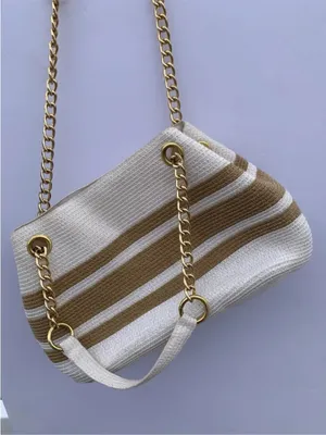 Straw Beach Tote Bag Woven Raffia White Tan Gold Chain Coastal Resort Purse thumbnail 3