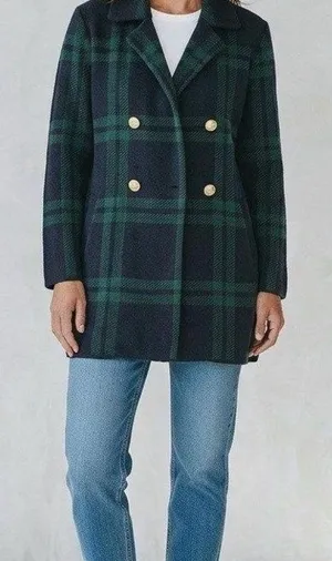 Ann Klein Double-Breasted Green & Navy Plaid Sweater Peacoat Cardigan Medium thumbnail 1