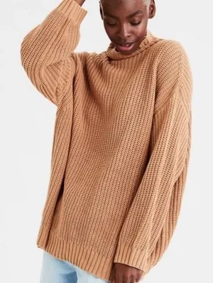 American Eagle Tan Brown Chunky Mock Neck Sweater Shaker Knit Oversized XS/S thumbnail 1