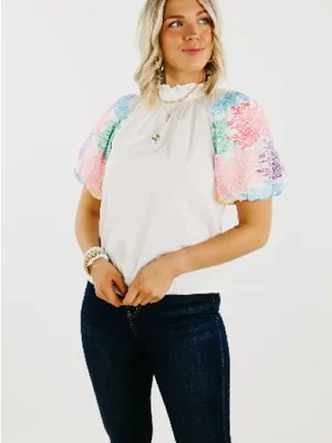 THML White Ruffle Neck Blouse Floral Multicolor Embroidered Puff Sleeves Small thumbnail 2