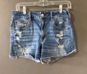 American Eagle High Rise Shortie‎ Distressed Denim Shorts Medium Wash Womens 8 thumbnail 1