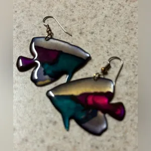 Vintage Nautical Iridescent Tropical Fish Dangle Earrings | Abstract Art Jewelry thumbnail 4
