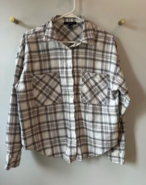 Forever 21 - Plaid Flannel Shirt - Cream & Black - Medium thumbnail 1