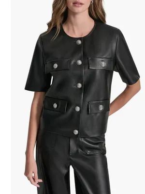 NWT DKNY Jeans Short Sleeve Faux Leather Jacket Small, BLACK/ SHINY SILVER thumbnail 3