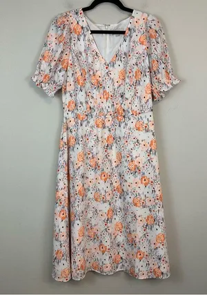 Loft | White Colorful Floral V-Neck Midi Length A-Line Dress Size 6 Women's thumbnail 1