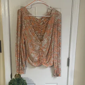 Free People Orange Floral Say The Word Ruched Blouse thumbnail 2