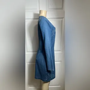 Avec Les Filles Western Embroidery Long Sleeve Straight Neck Denim Mini Dress thumbnail 10