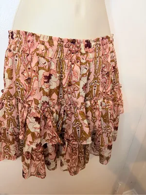 MISA Los Angeles Anthropologie MISA Nahla Mini Skirt Size M Pink Floral Ruffle Tiered Stretchy thumbnail 3