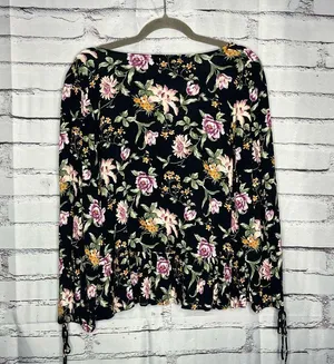 American Eagle Black Floral Tie-Front Blouse M Silky Viscose Resort Casual Top thumbnail 10
