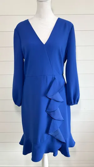 J. Crew Cobalt Royal Blue‎ Long-Sleeve ruffle-front dress Size 6 NEW thumbnail 1