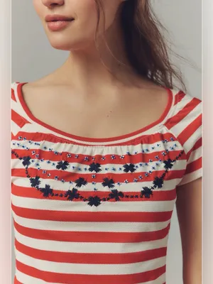 Anthropologie Maeve Embroidered Flowers Scoop Neck Tee XS NWT‎ thumbnail 4