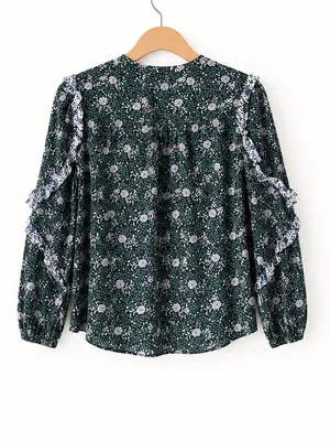 J.Crew Green Ditzy Floral Ruffle Trim Button Front Yolk Long Sleeve Blouse Small thumbnail 5