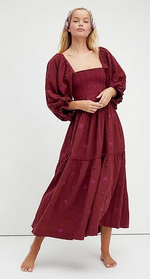Amazon Dahlia maroon Smocked midi dress maxi square neck tiered daisy embroidered wine thumbnail 1
