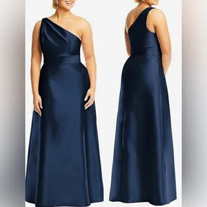 NEW ALFRED SUNG D815 DRAPED ONE-SHOULDER SATIN MAXI DRESS POCKETS NAVY sz 14 thumbnail 2