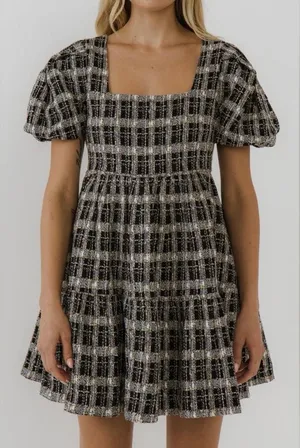 English Factory Colorful Tweed Square Neck Puff Sleeve Babydoll Dress Black Multi thumbnail 2