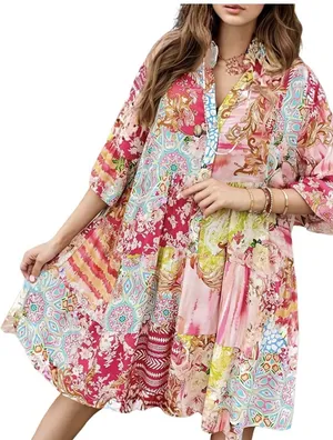 Women's Babydoll Mini Dress Boho Floral 3/4 Bell Sleeve Dress Small thumbnail 1